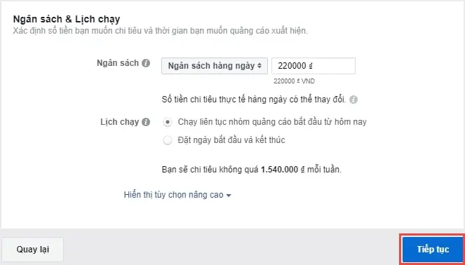 Thiết lập ngân sách chạy quảng cáo